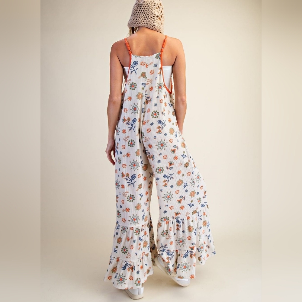 3-0326 *Boutique* Wide Leg Ruffle Bottom Flower Retro Waffle Jumpsuit - Picture 2 of 5